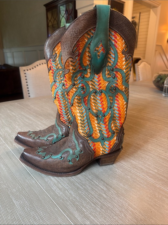 Corral Boots Shoes - Women's Brown & Turquoise Embroidered Western Heeled Boots